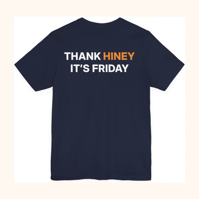 THIF tee, navy, back reading Thank Hiney Its Friday