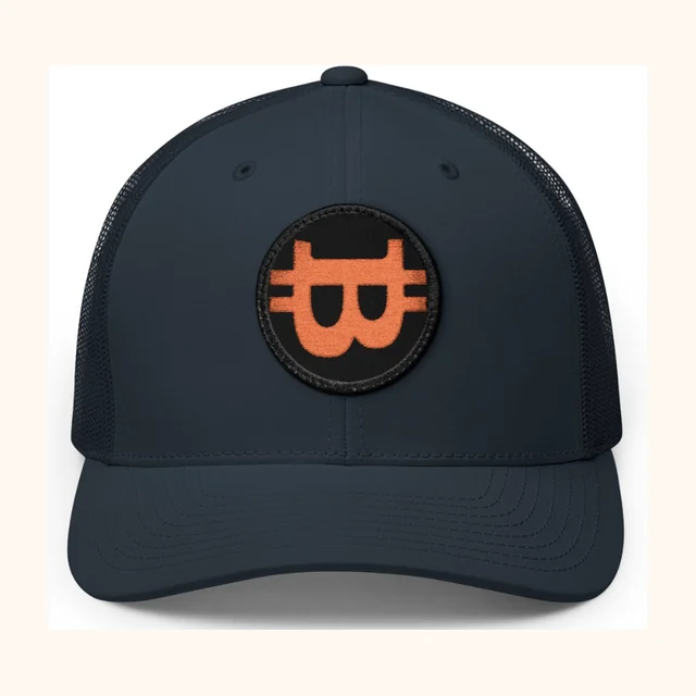Hineycoin trucker hat, navy with orange patch